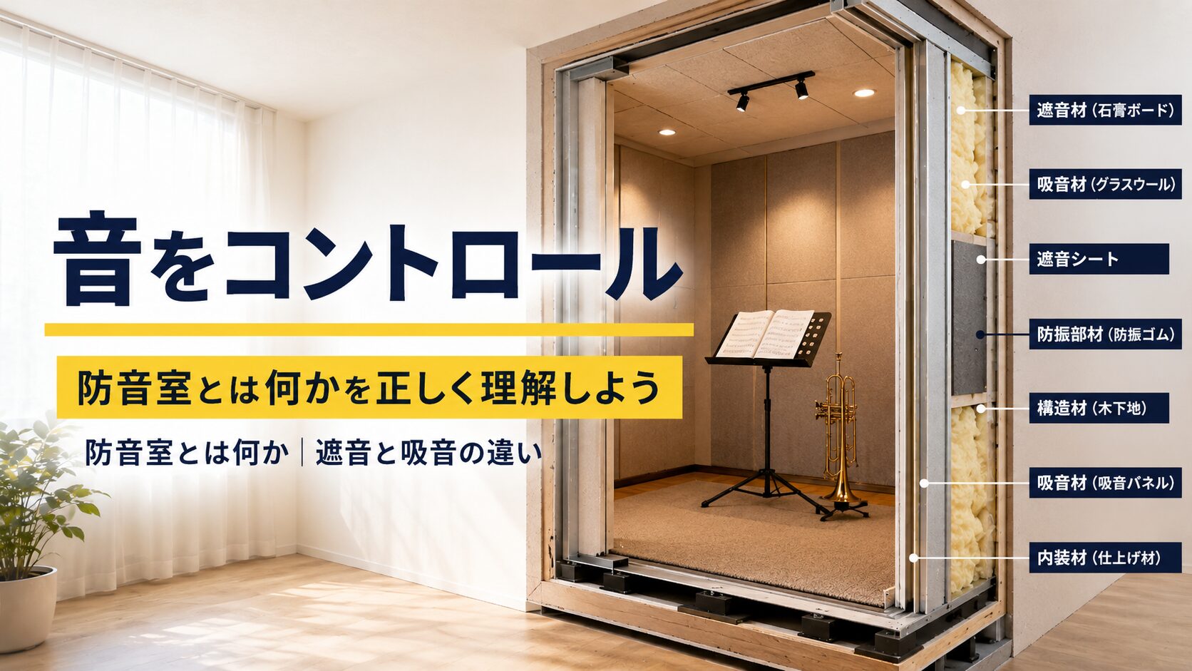 防音室を音の伝わりを制御する空間として表現した見出し画像