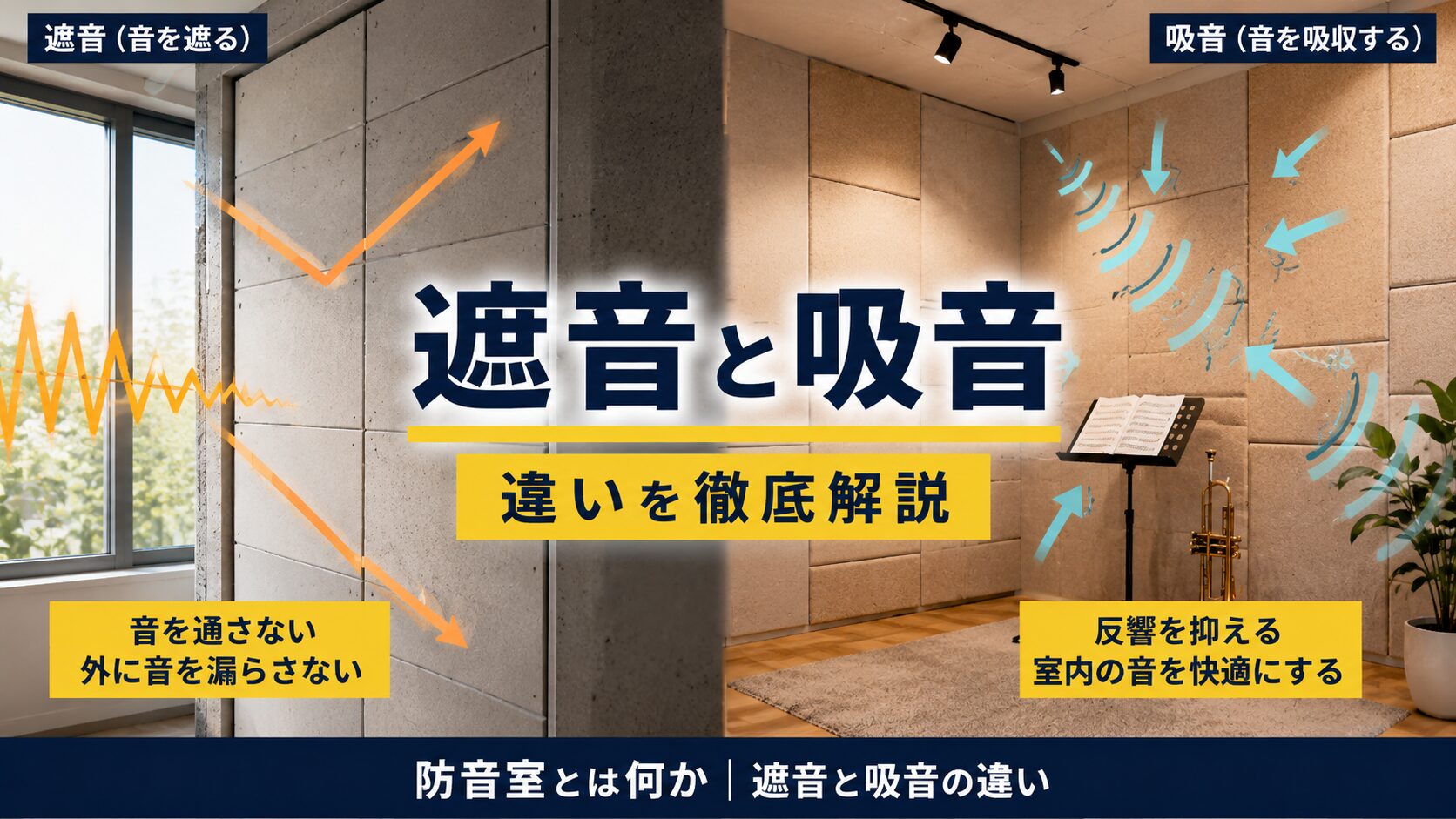 遮音と吸音の違いを壁材と反響で表現した見出し画像