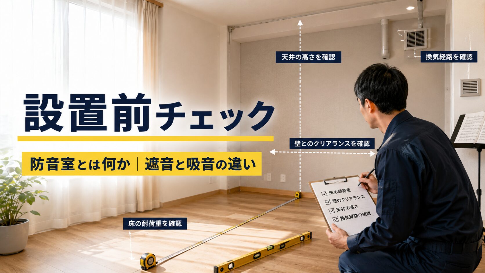 防音室を導入する前の耐荷重や寸法確認を表現した見出し画像