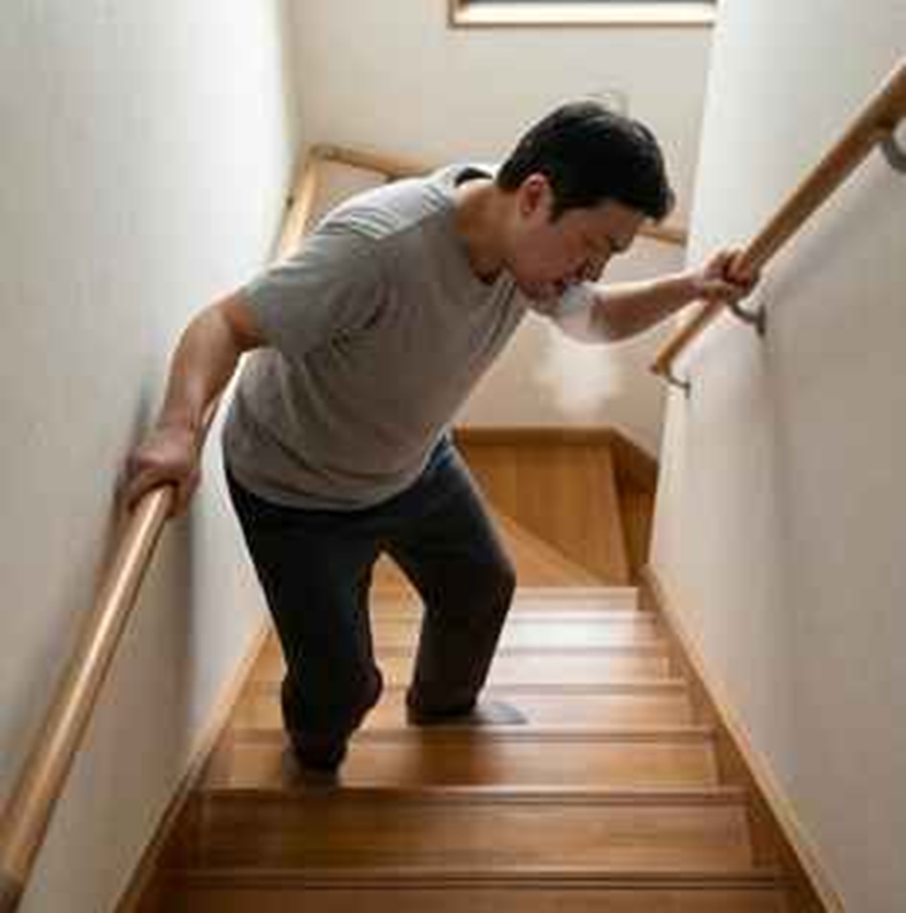 階段でバランスを崩し転落しそうになり慌てる男性