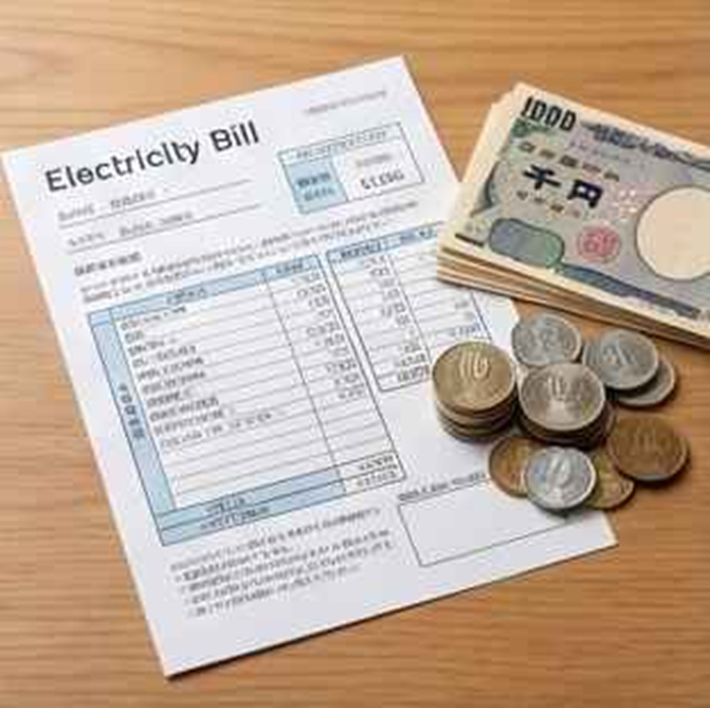 請求書とお金をテーブルの上に並べている