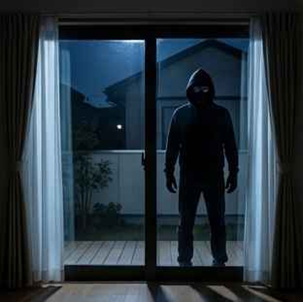 夜間に窓の外に立つ不審者のシルエット