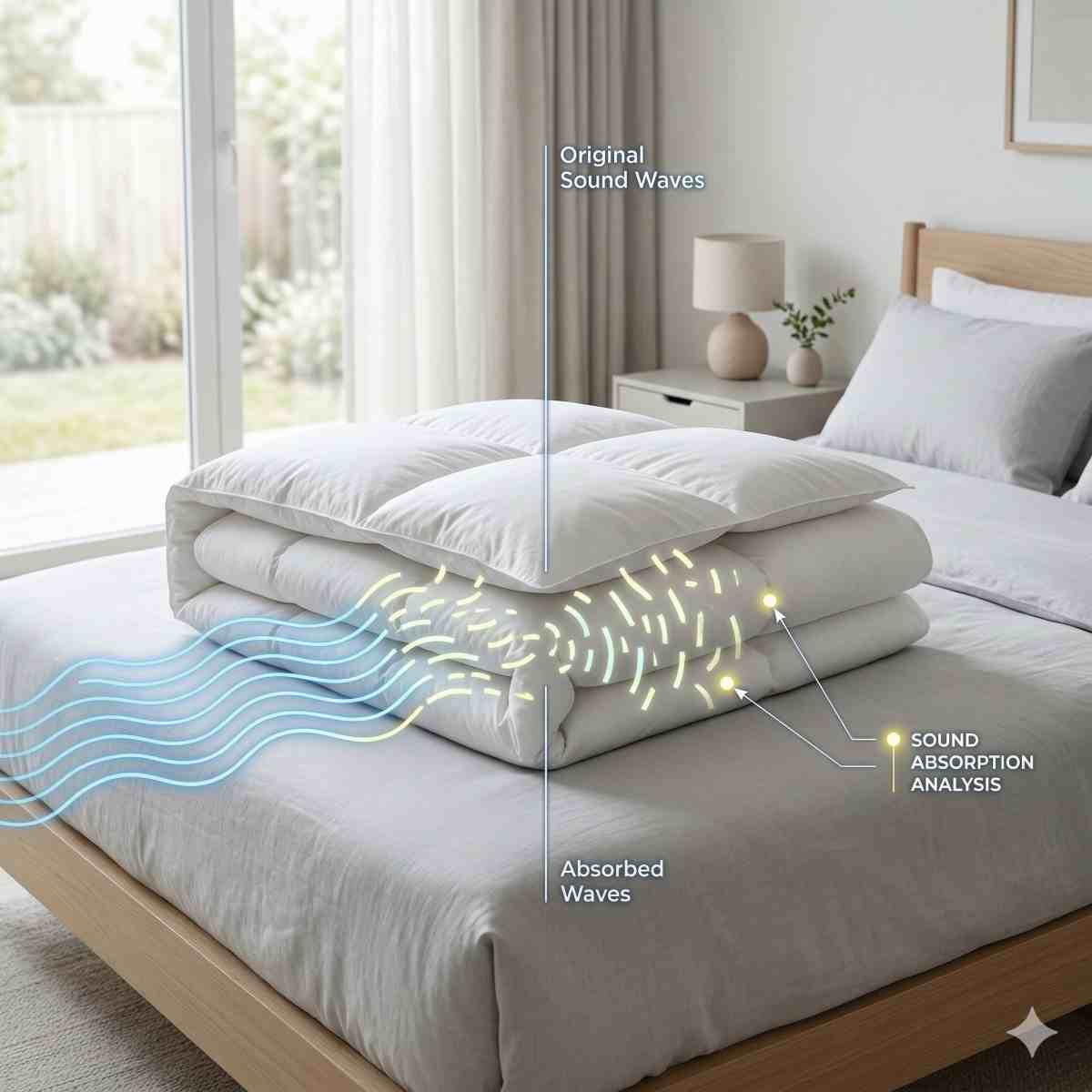 高品質な白い羽毛布団が明るいモダンな部屋のベッドに畳まれており、音波が生地に吸収される様子を示す分析的なが重ねられたリアルな写真。
