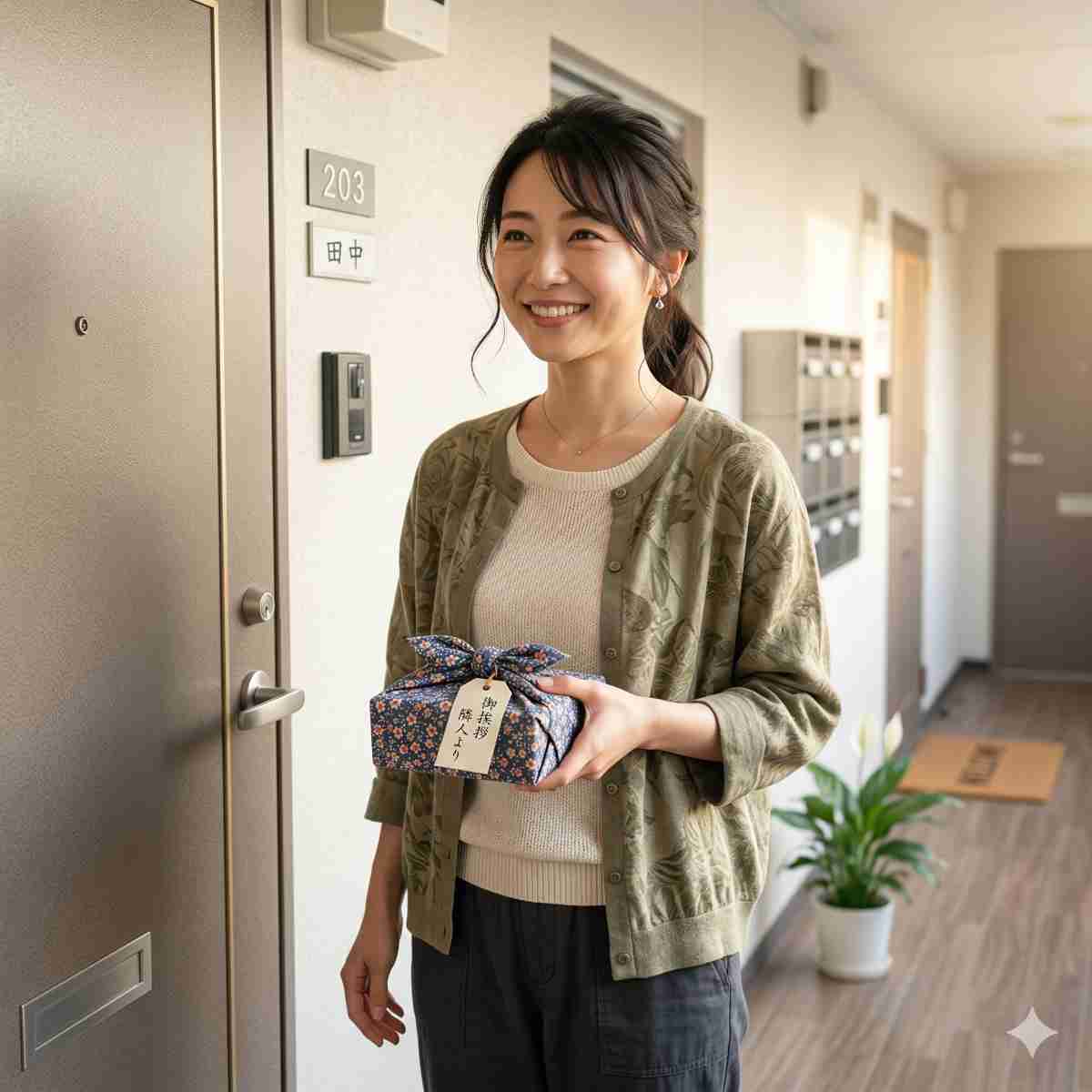 玄関先で小さな手土産を持ち、穏やかに微笑む20代の日本人女性。良好な近隣関係を象徴する、柔らかく温かい日差しの中のフレンドリーな写真。