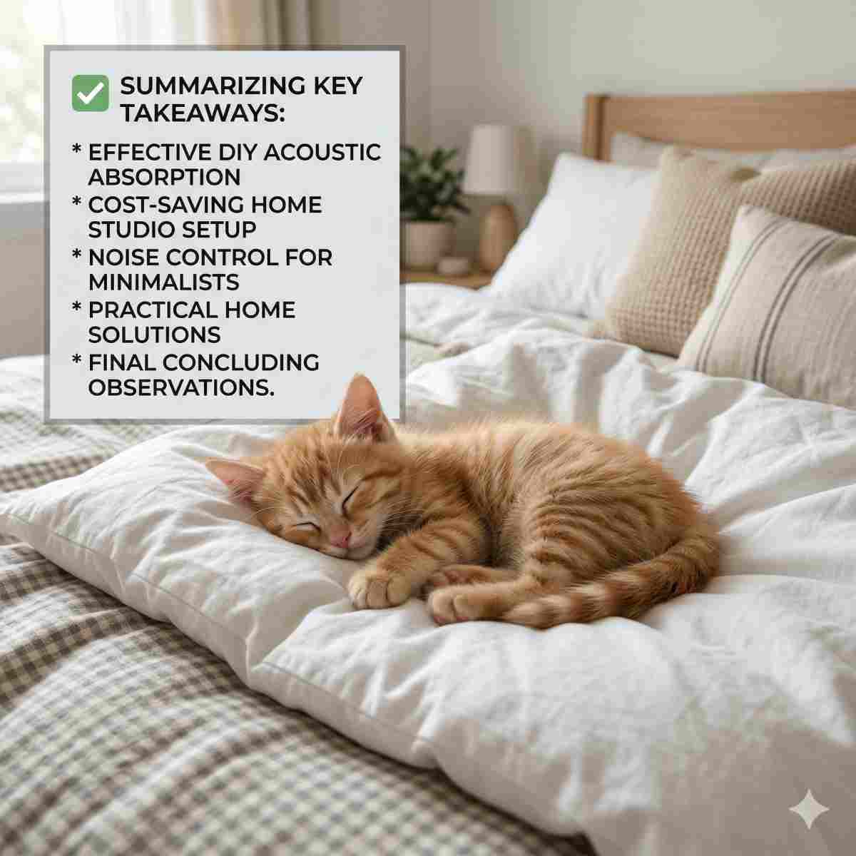 整えられたベッドの布団の上で安らかに眠る子猫。要点をまとめたシンプルなチェックマークのが重ねられた、穏やかな締めくくりの写真。

