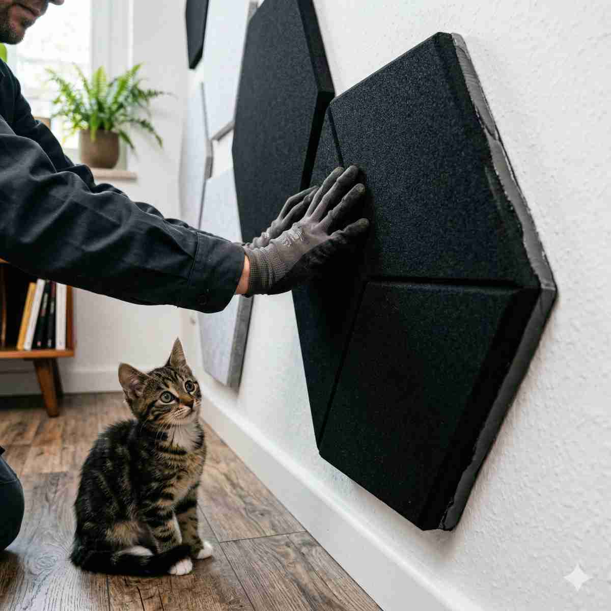 壁への貼り方とコツ。壁に遮音シートを貼り付けている様子と、その様子を近くで興味深そうに見つめる子猫。 