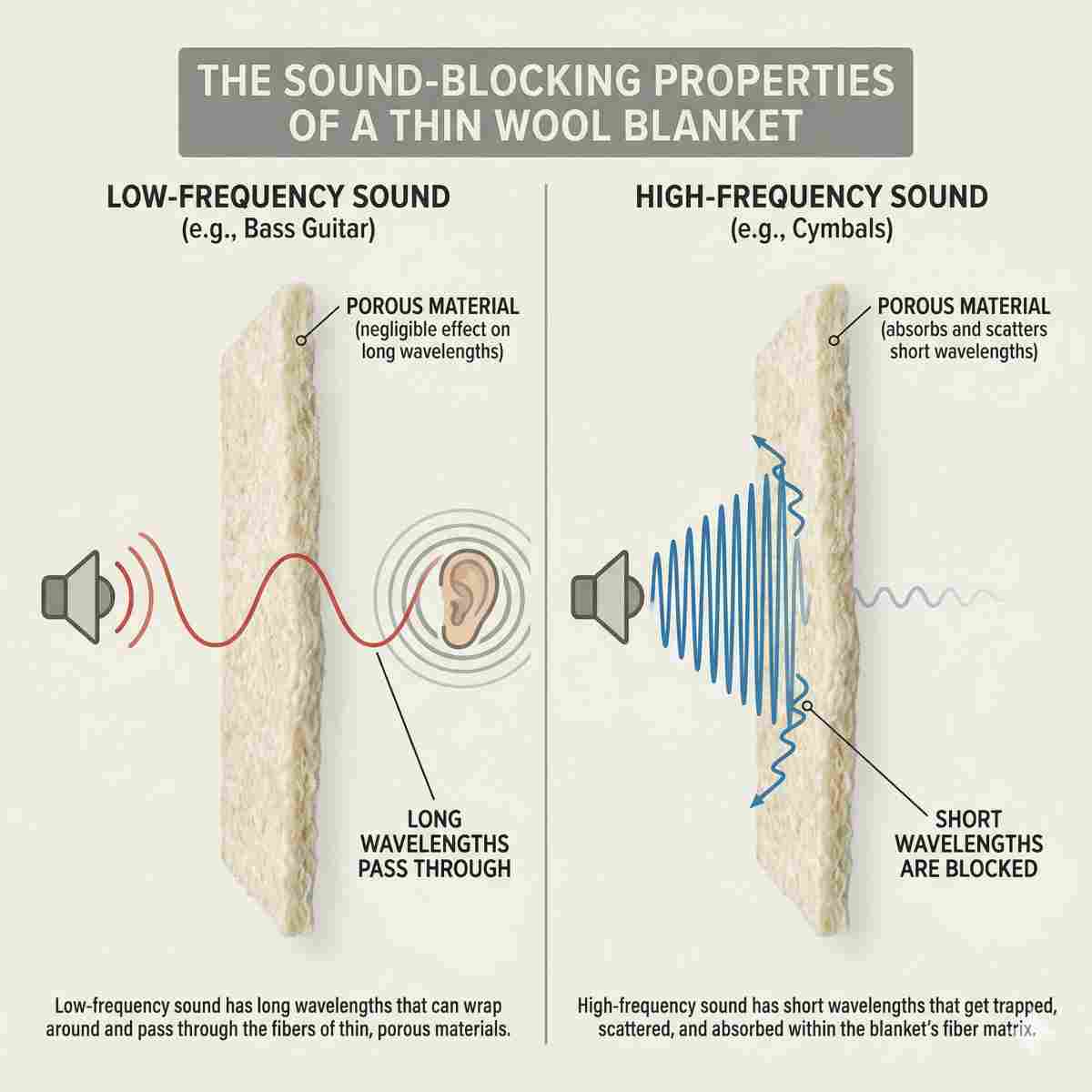 低い周波数の音波が薄い毛布を通り抜け、高い周波数がブロックされる様子を可視化した比較。教育的で専門的な分割画面スタイル。
