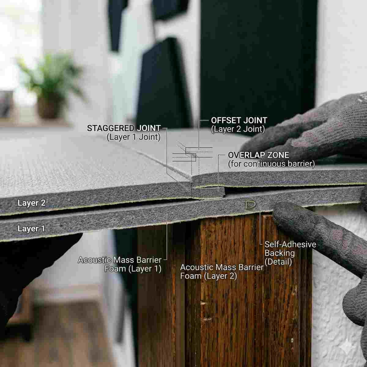staggered joint technique, technical detail, 1:1 重ね貼りの方法。2枚の遮音シートを少しずらして重ね、継ぎ目対策を施している様子がわかる断面的な詳細写真。 