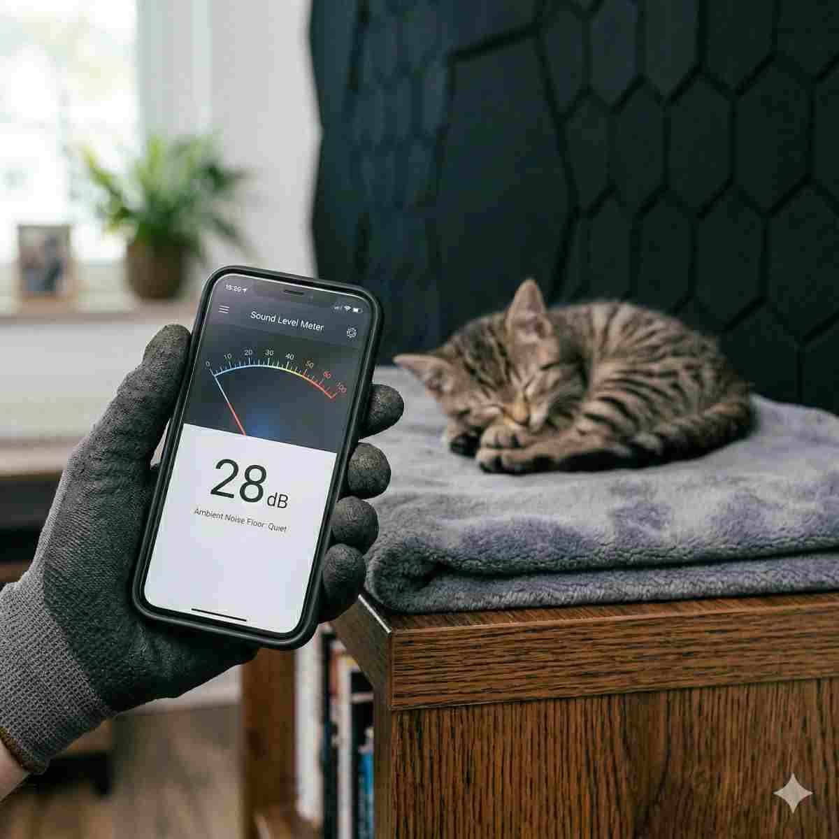 施工後の確認。静かな部屋で騒音計アプリが表示されたスマートフォンを持つ手と、背景で眠る子猫。