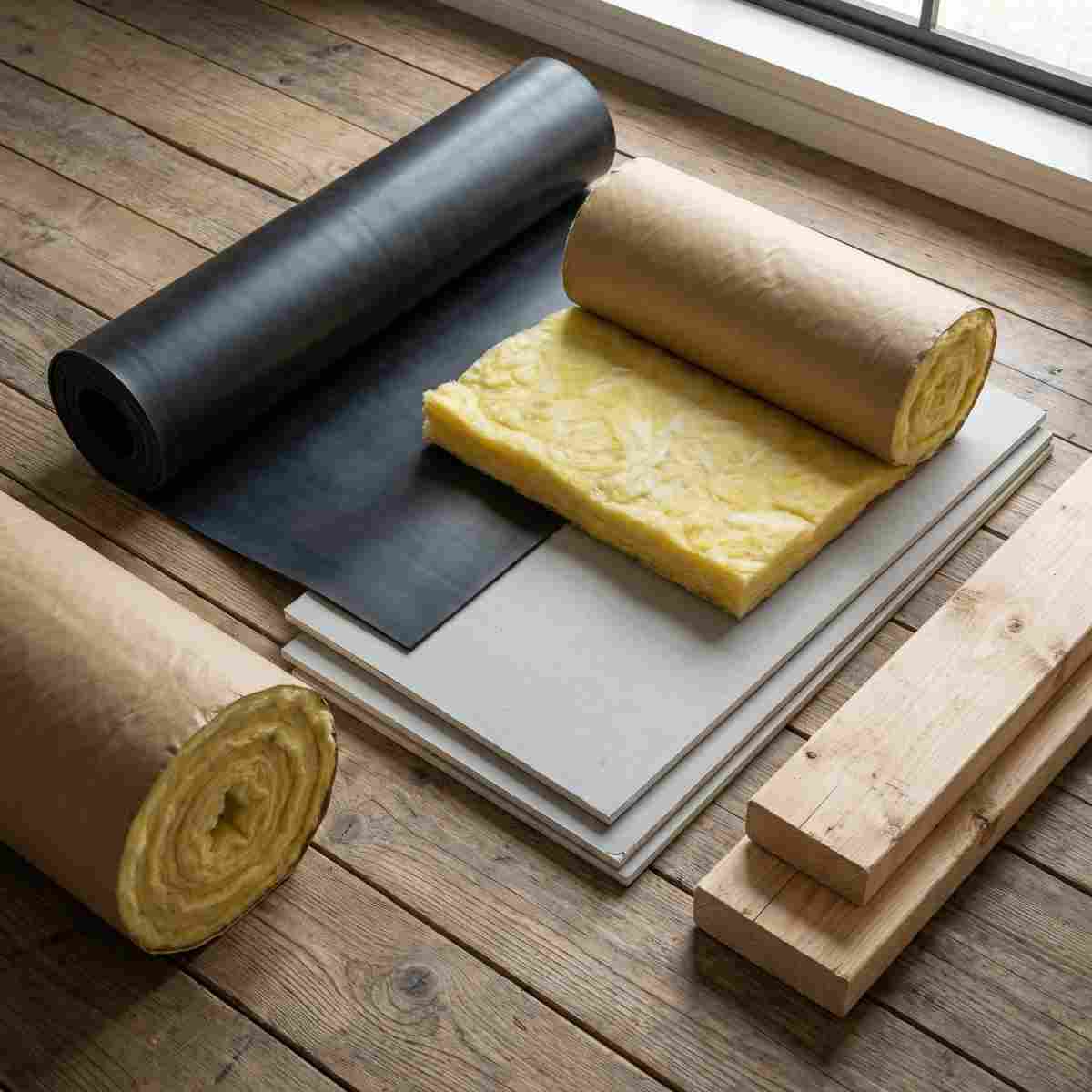 防音室DIYに使う遮音シート・グラスウール・石膏ボード・2×4材を床に並べた様子