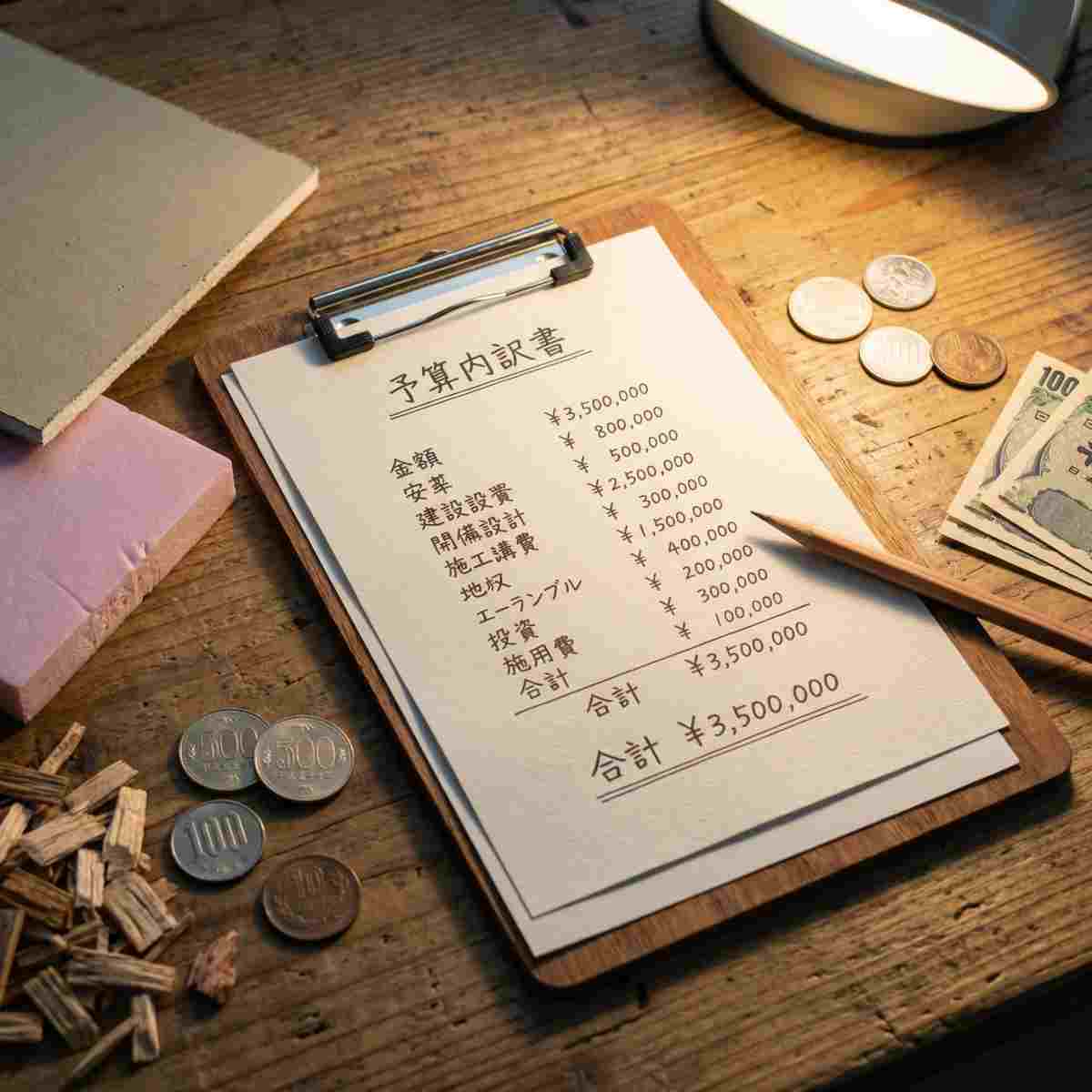 防音室DIYの費用内訳を書いたクリップボードと日本円の紙幣・硬貨