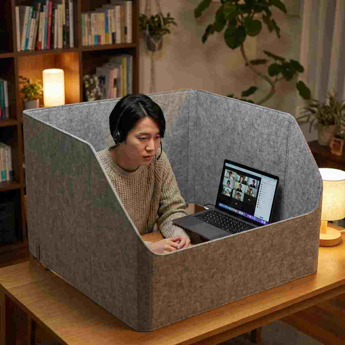 防音テントブース内でWeb会議中のノートPCに向かう男性
