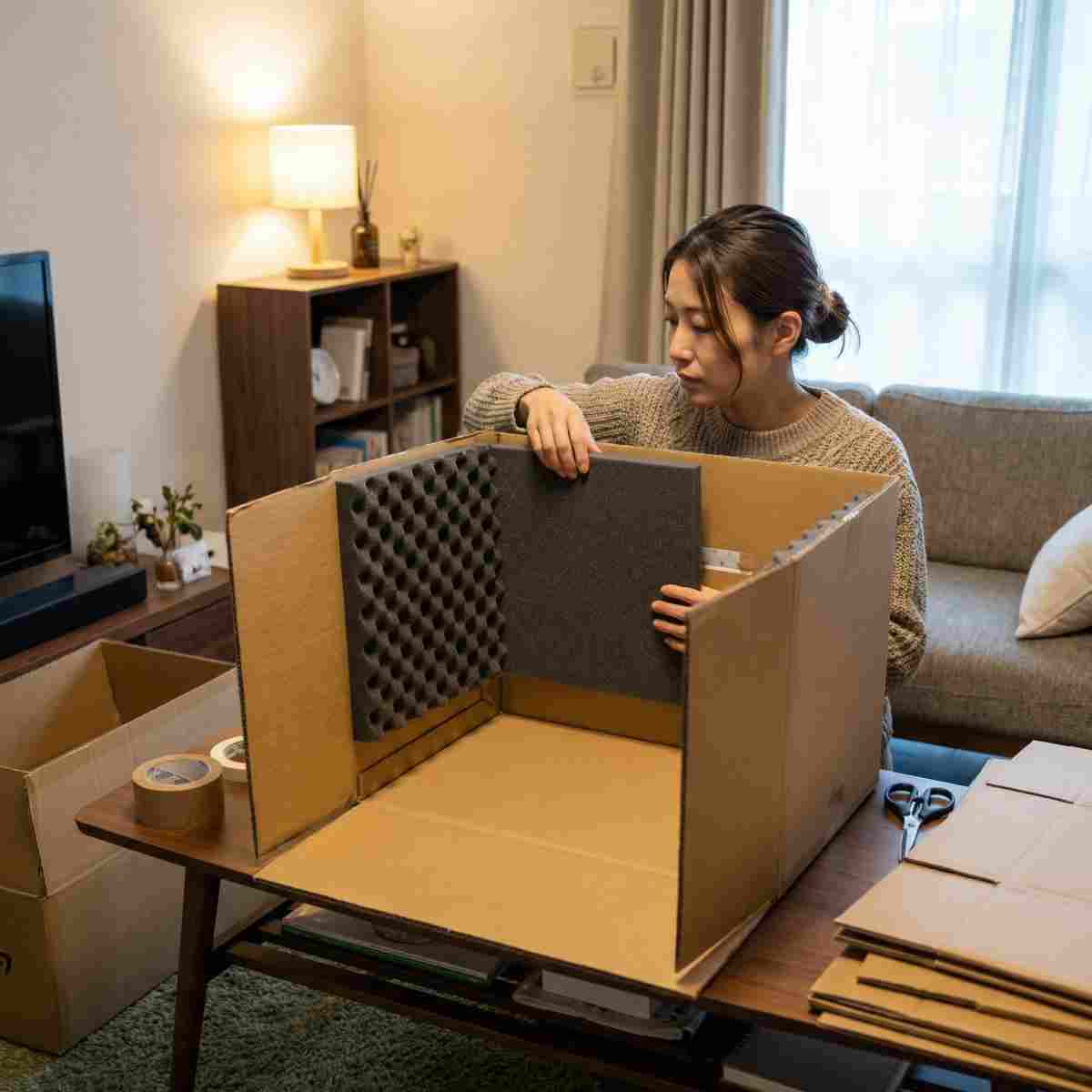段ボール箱の内側に吸音フォームを貼り付けてコの字型の簡易防音ブースを作る30代女性