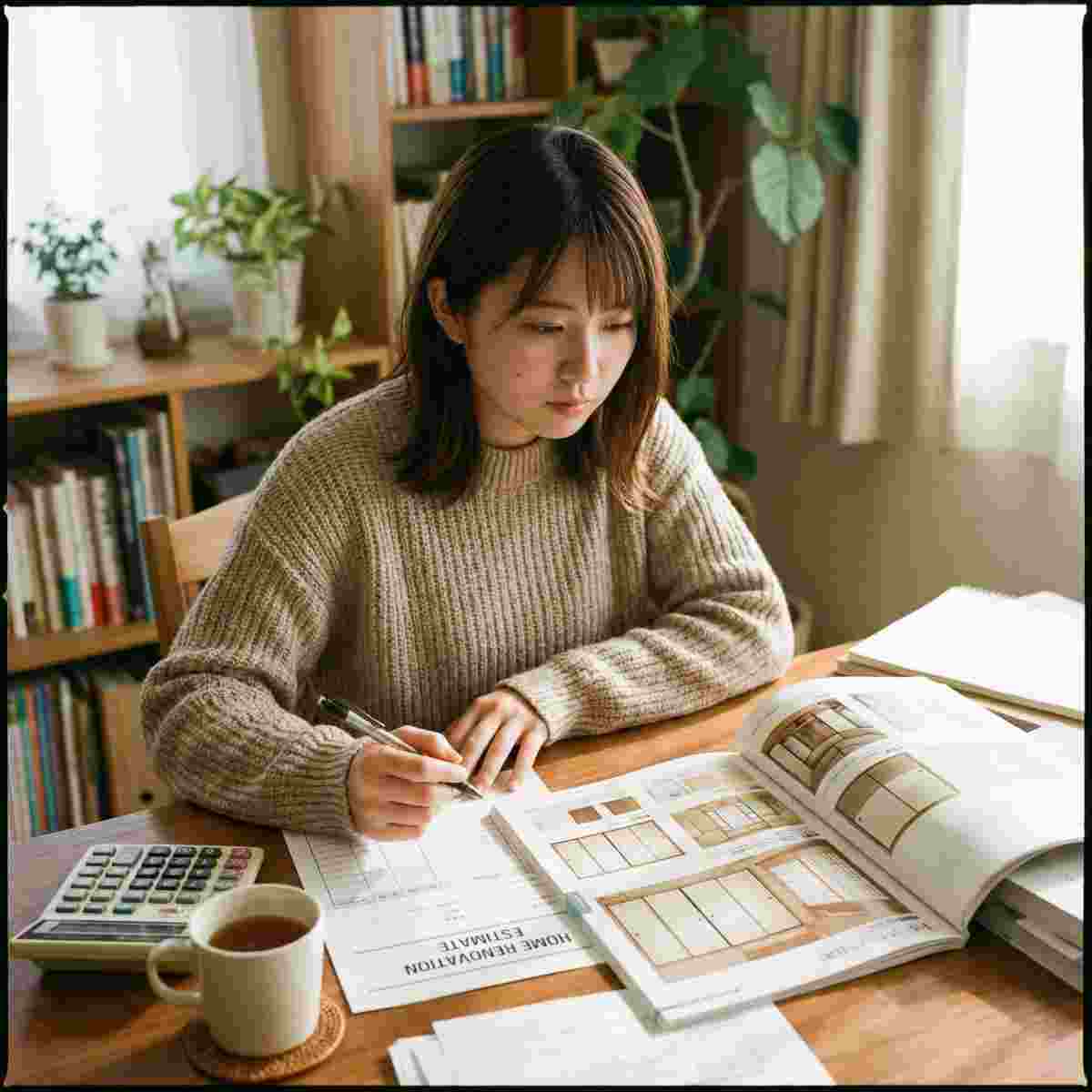 リフォーム見積書と室内引き戸カタログを確認する20代女性