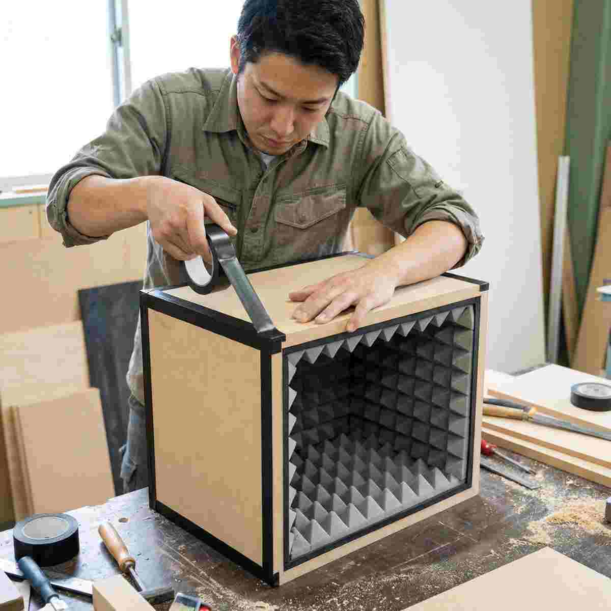 MDF板製の卓上防音ボックスの継ぎ目に気密テープを貼る30代男性。内部に吸音フォームの多層構造が見える