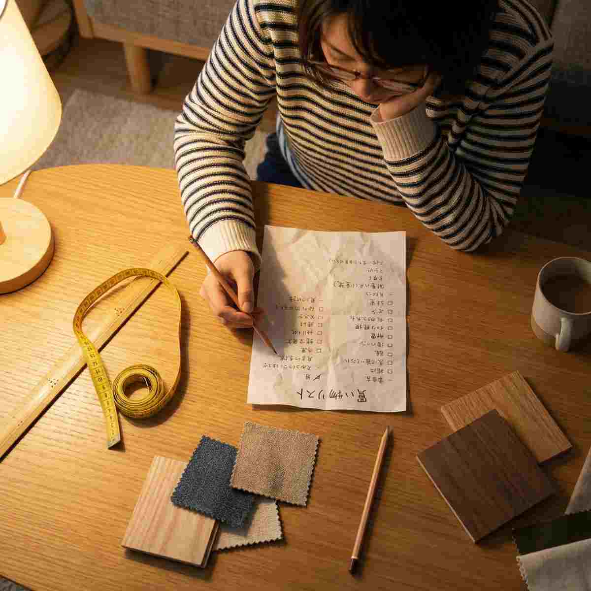 テーブルの上で防音室DIYの材料購入リストを確認する人物とメジャー・木材サンプル