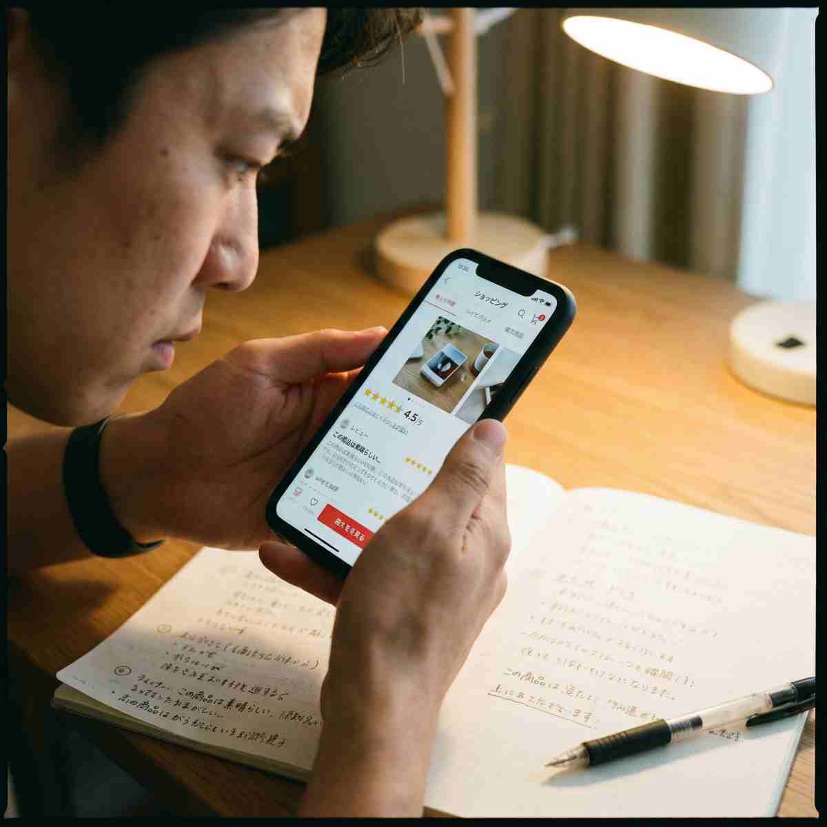 スマートフォンの商品レビュー画面を確認しながらノートにメモを取る男性