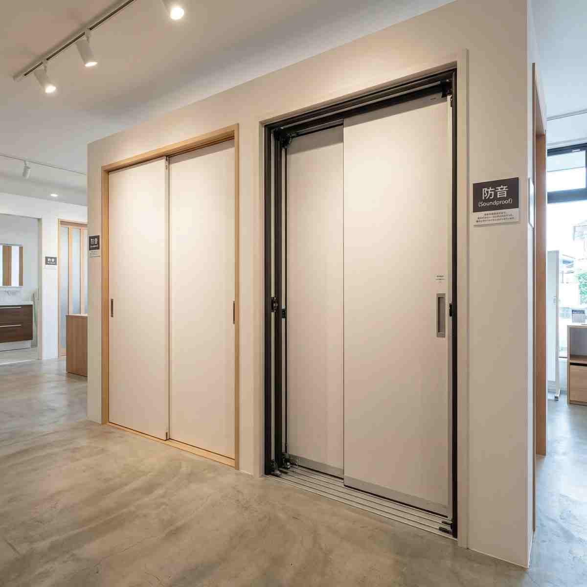 ショールームに展示された標準引き戸（左）と防音仕様引き戸（右）の比較展示