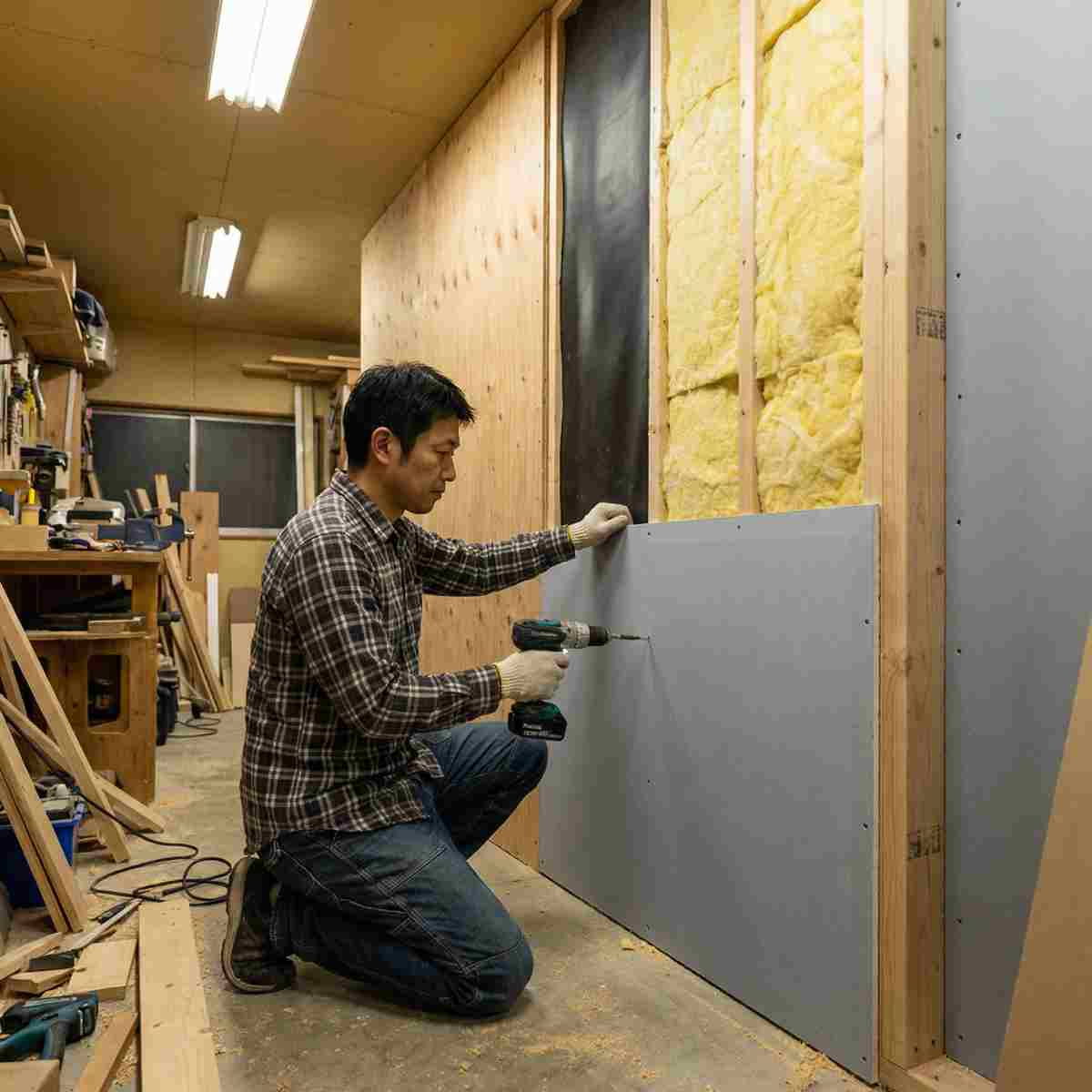 DIY防音室の壁を多層構造で組み立てる男性。合板・遮音シート・グラスウール・石膏ボードの層が見える
