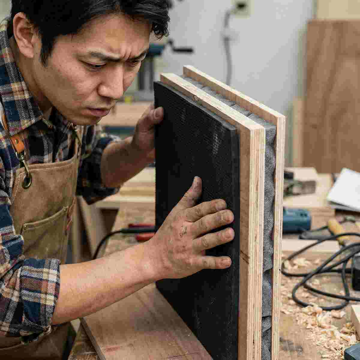 木製防音ボックスの壁断面に遮音シートを押し当てる30代男性。合板・遮音シート・吸音フォームの多層構造が見える