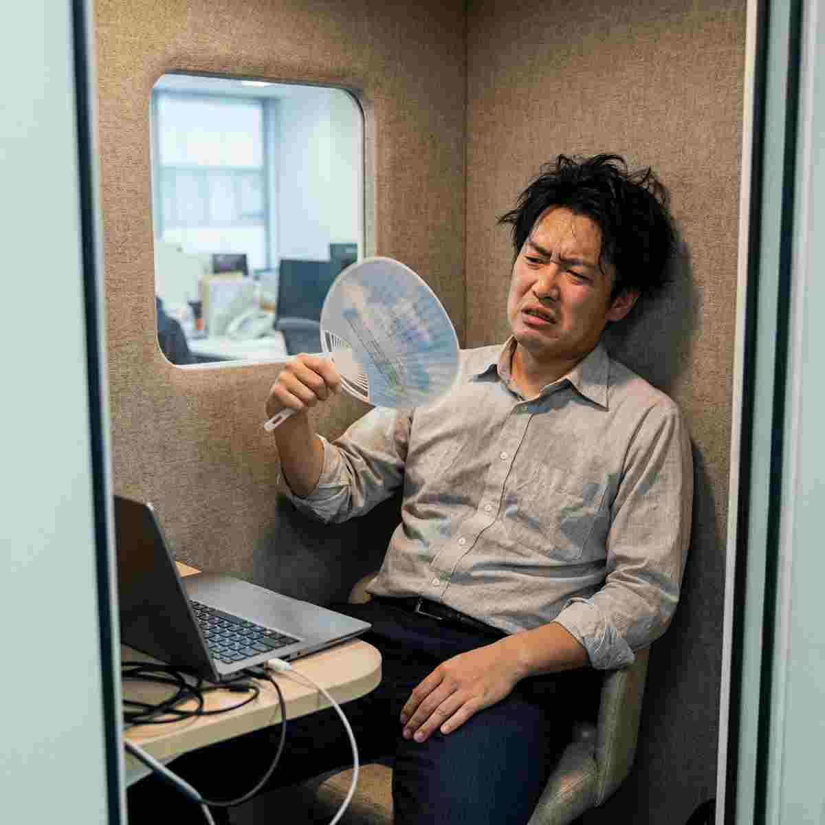 防音ブース内で暑さに苦しみ扇子で扇ぐ男性