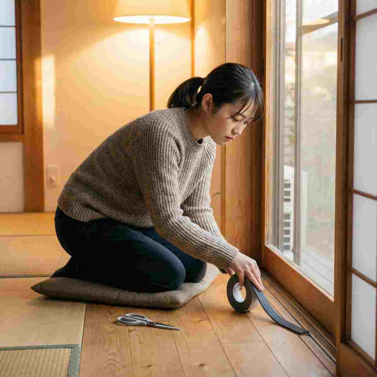 賃貸アパートの引き戸下部に隙間テープを貼り付ける20代女性