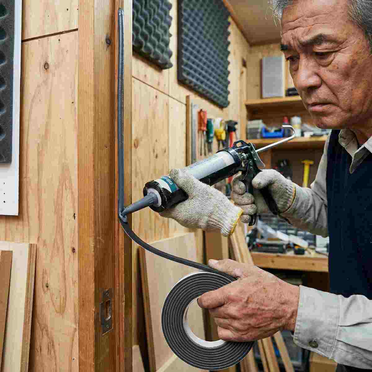 DIY防音室のドア枠の隙間にコーキング剤と防音テープを丁寧に施工する男性
