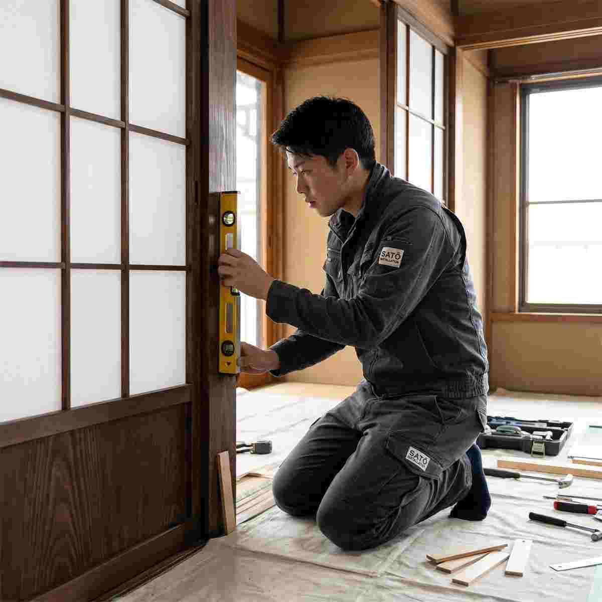水平器で引き戸の建付けを確認しながら施工する20代の建具職人