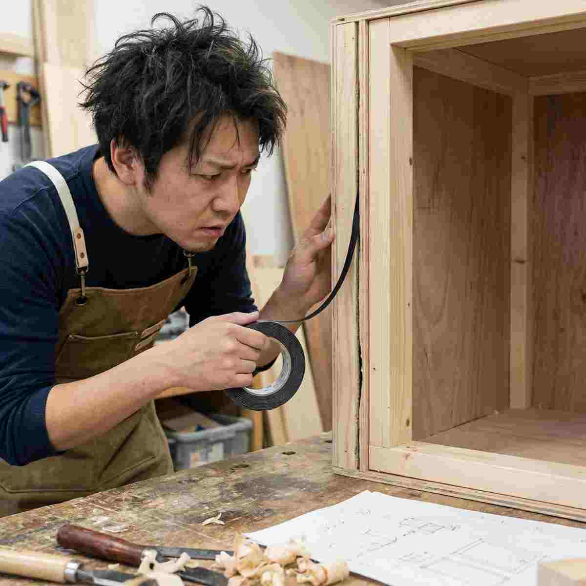 木製防音ボックスのコーナー継ぎ目の隙間を気密テープで修正しようとする30代男性