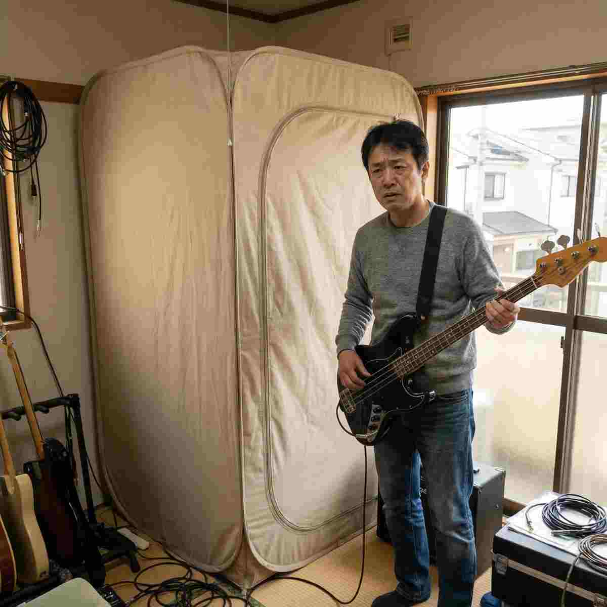 日本の住宅でエレキベースを持ち、薄い防音テントブースの前に立つ男性