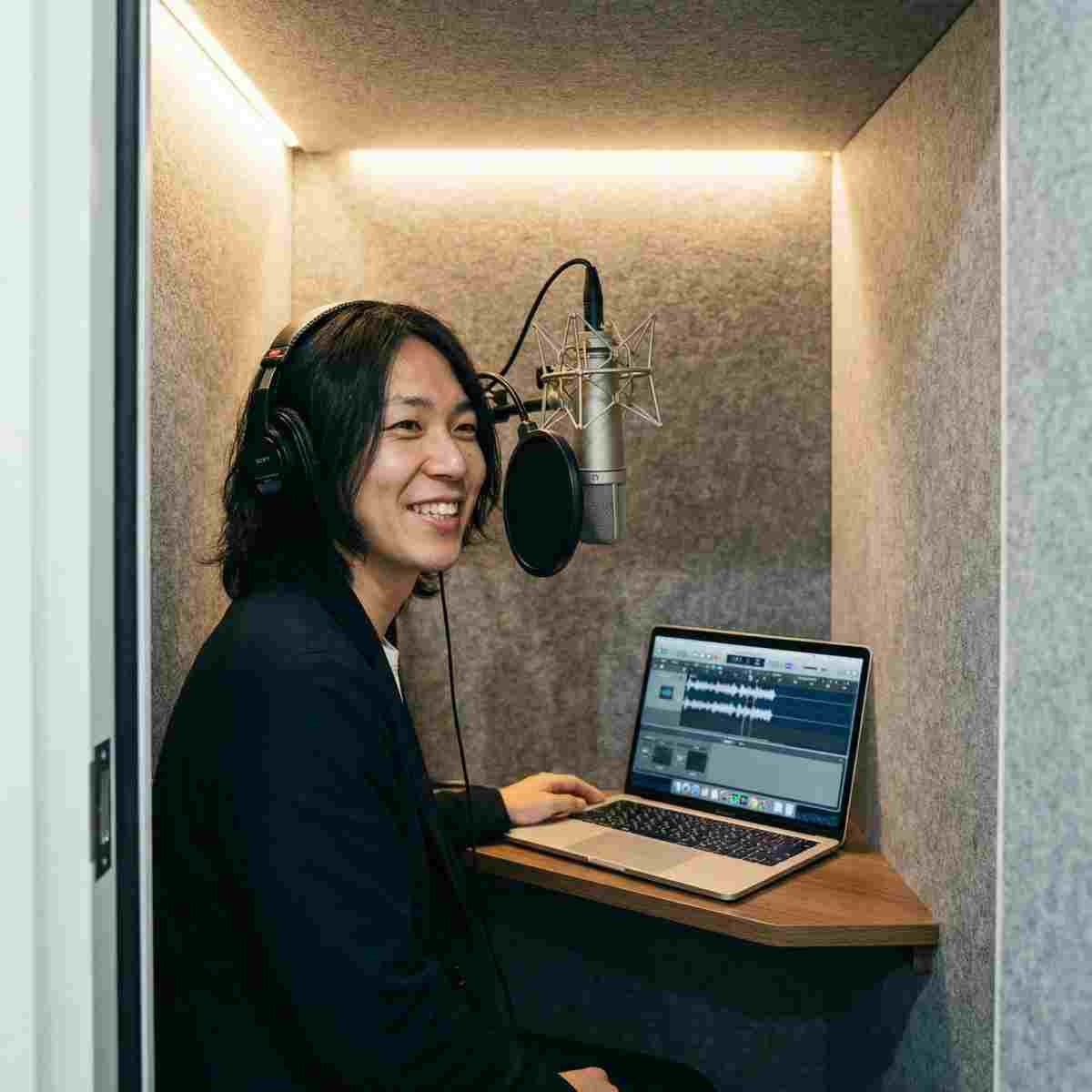 パネル型防音ブース内でマイクとヘッドホンを使いポッドキャスト収録する男性