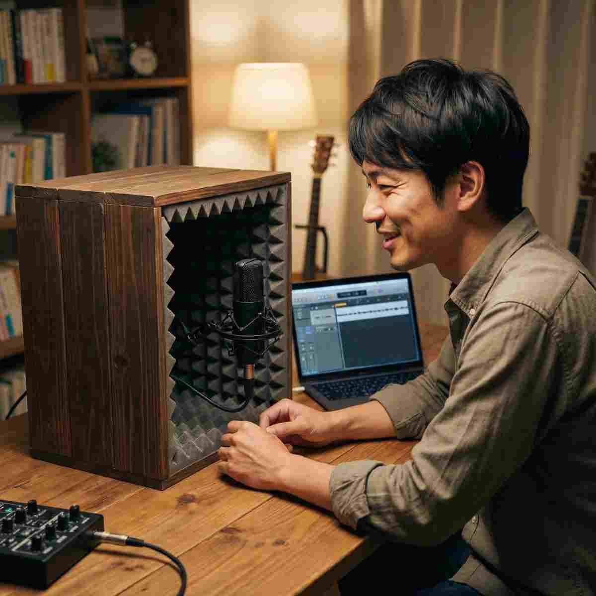 自作木製卓上防音ブース内のコンデンサーマイクに向かって収録する30代男性