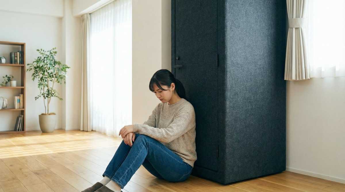 簡易防音室の扉の横に座り込み、がっかりした表情を見せる女性