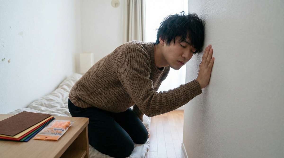 アパートの寝室でひざまずき、白い壁に手のひらを当てて振動を確認している男性