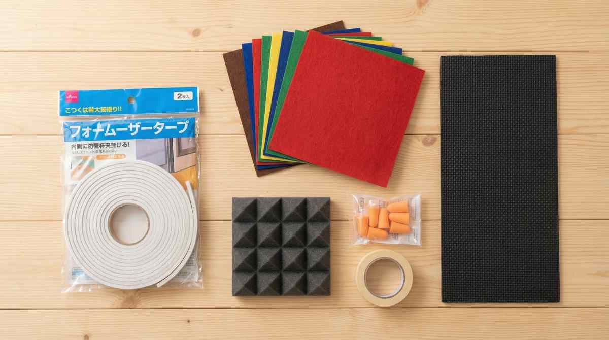 木製テーブルに並べられた100均の防音関連グッズ。白いフォームすきまテープ・カラーフェルトシート・吸音フォームタイル・オレンジの耳栓・マスキングテープ・防振マット