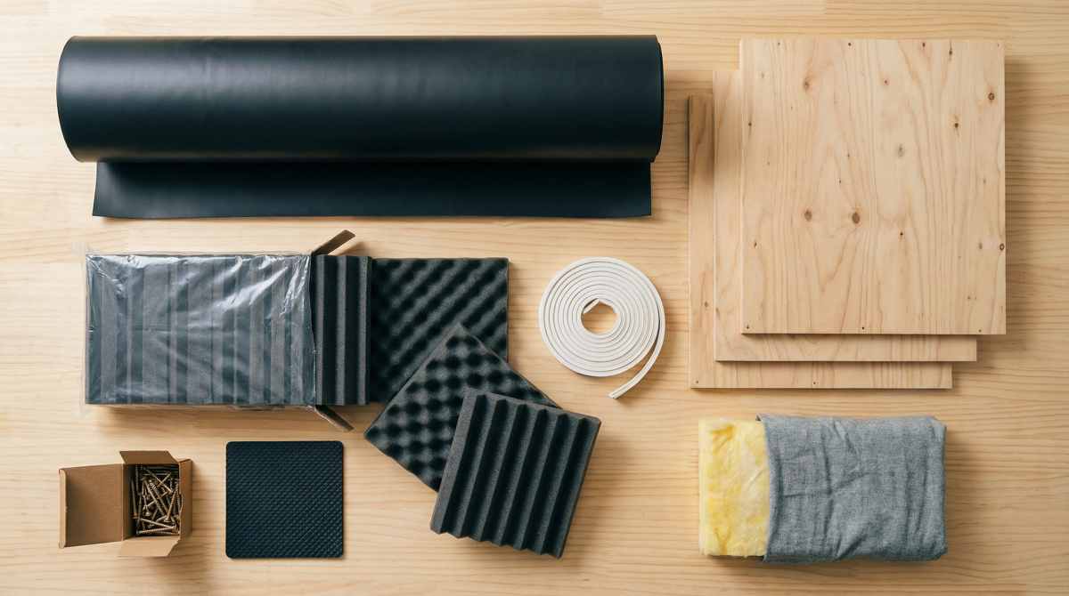 木製作業台に並べられた防音DIY材料。遮音シートのロール、合板、吸音フォームパネル、隙間テープ、ビス、防振マット、グラスウール