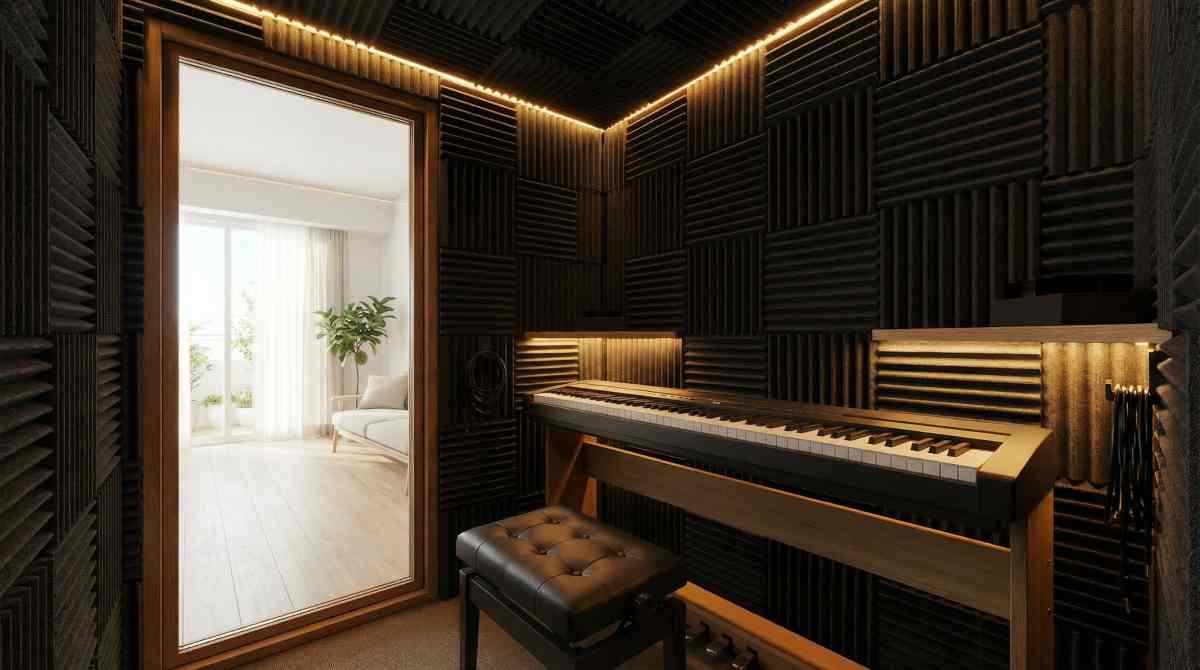防音室の内部にキーボードとスツールが設置されており、LED照明が天井を照らしている