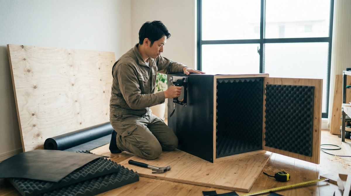 作業着を着た男性が木製フレームの外側に黒い遮音シートをステープルガンで固定している。周囲に合板・吸音フォームが散らばっている