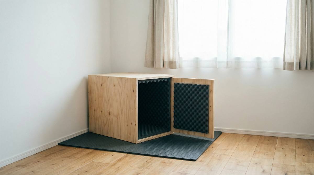 賃貸マンションの部屋の隅に、壁や床に固定せず防振マットの上に置かれた手作り木製防音ケージ。扉が開いており内部の吸音フォームが見える