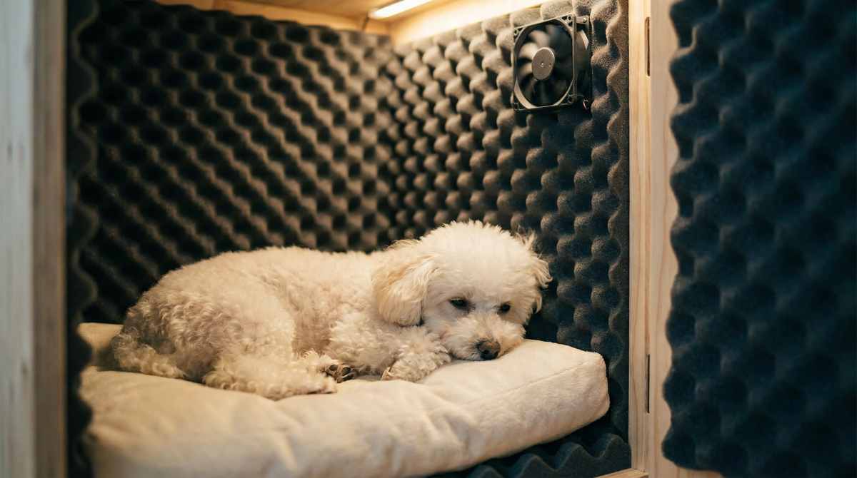 吸音フォームで覆われた防音ケージの内部でクッションの上にくつろぐトイプードル。天井にUSBファンが取り付けられている
