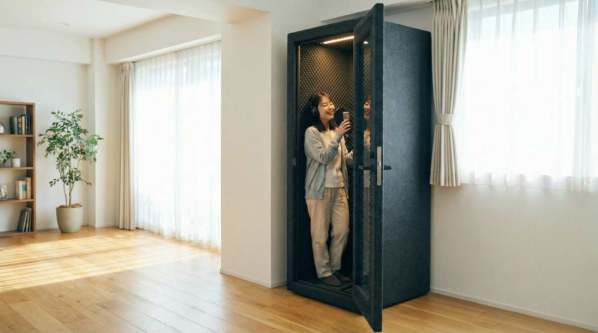 簡易防音室の中でヘッドフォンをつけ、マイクの前で気持ちよく歌っている笑顔の女性