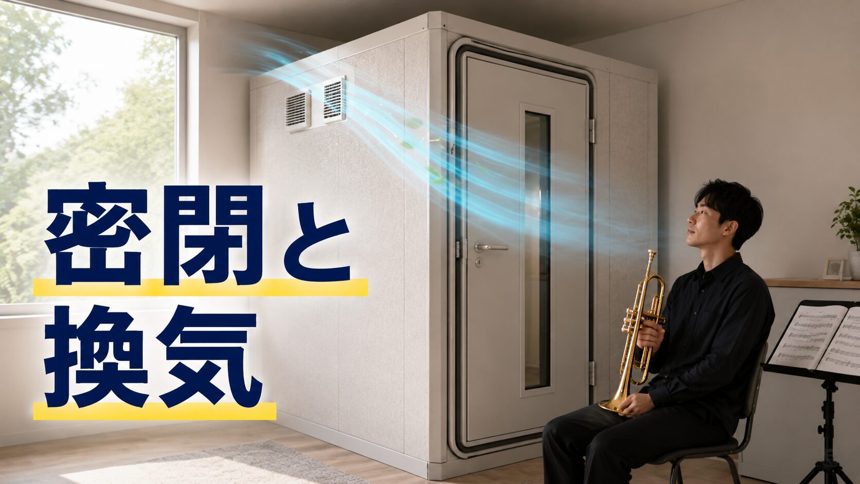 密閉された防音室で換気の必要性を示す見出し画像