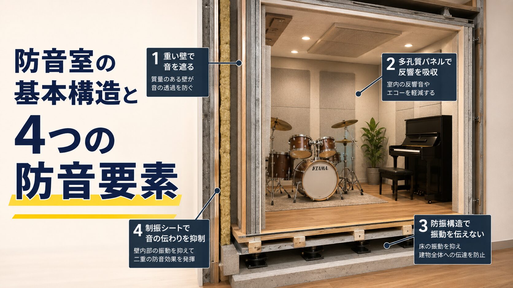 防音室の基本構造と4つの防音要素を表す画像