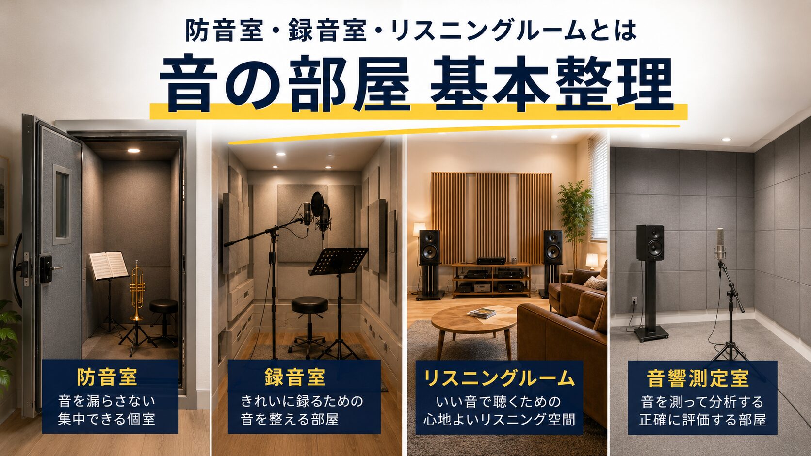 防音室・録音室・リスニングルーム・発音室の基本的な違いを示す室内イメージ