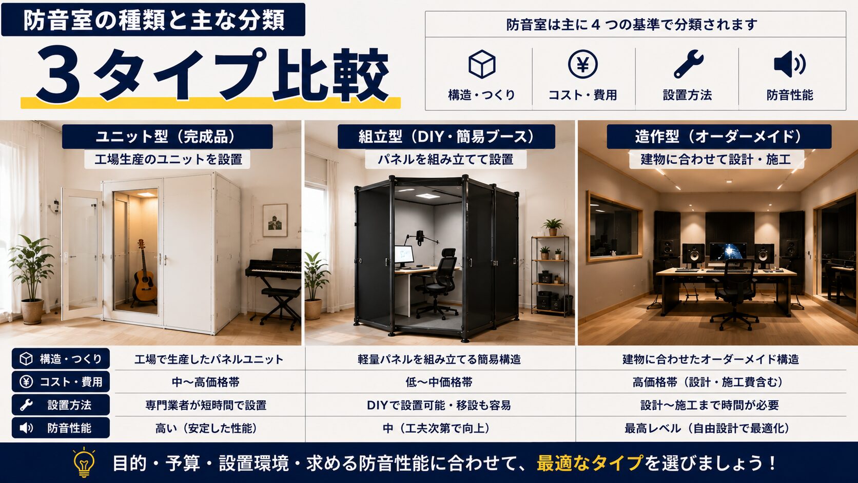防音室の種類と主な分類を示す画像