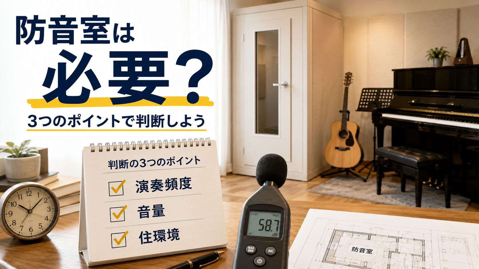 防音室の必要性を演奏頻度・音量・住環境の3つの軸で考えるイメージ