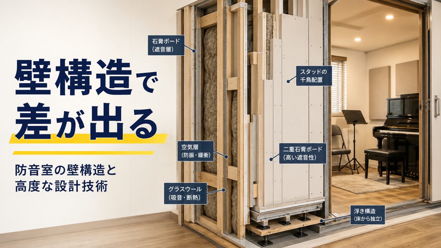 防音室の壁構造と高度な設計技術を示す画像