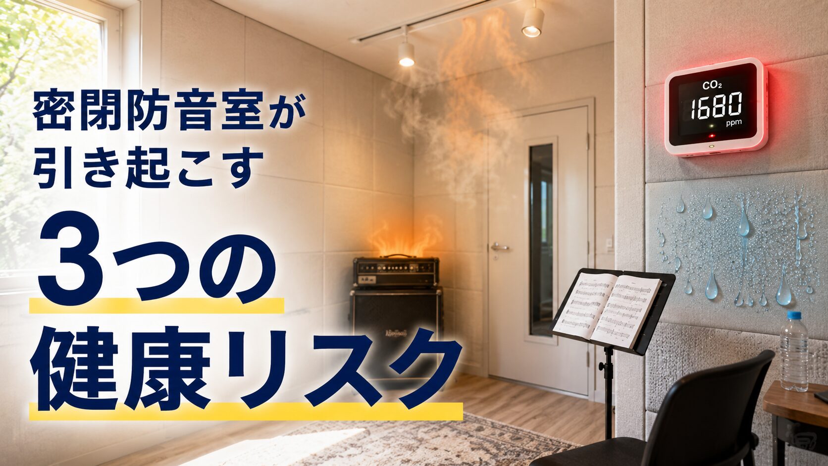 密閉防音室で起こる酸欠や熱中症やカビの健康リスクを示す画像