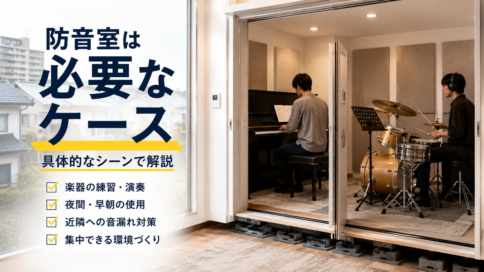 ピアノやドラムなど防音室が必要になりやすいケースのイメージ