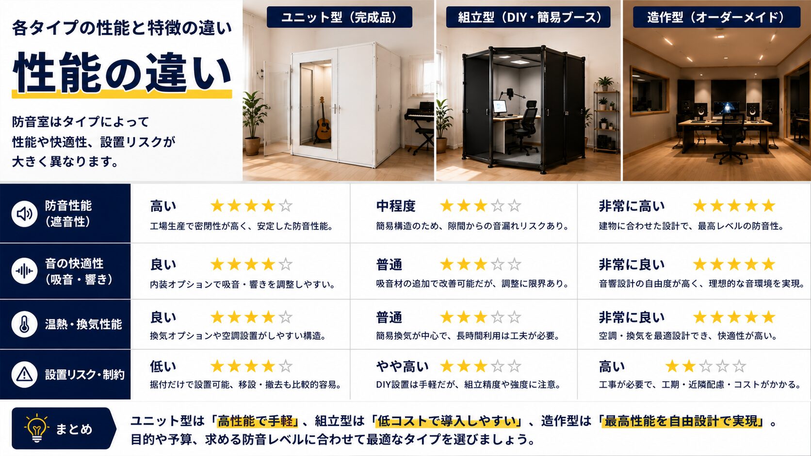 防音室タイプ別の性能と特徴の違いを表す画像